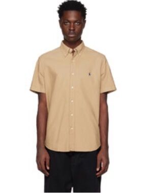 Ralph Lauren Beige Short-Sleeve Button-Down Shirt Blue Embroidered Polo Logo L